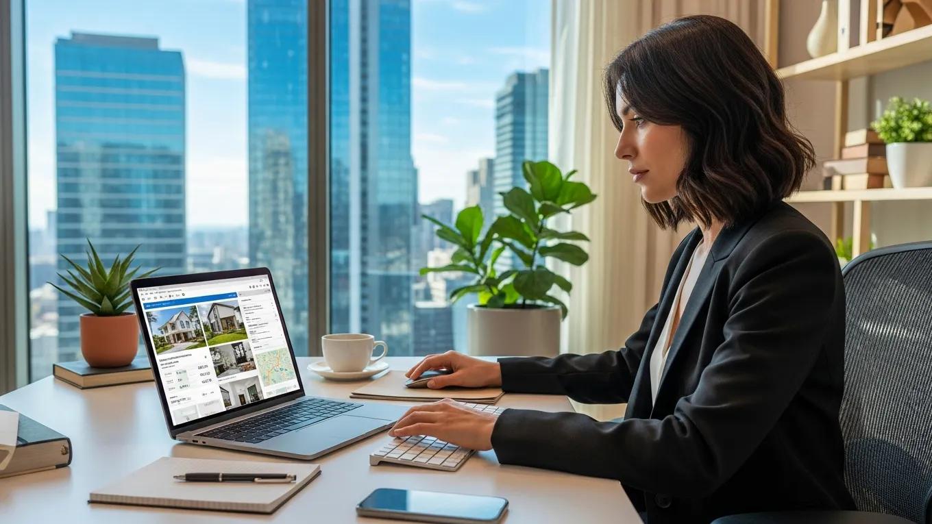 Real estate agent using technology to connect property data in a modern office